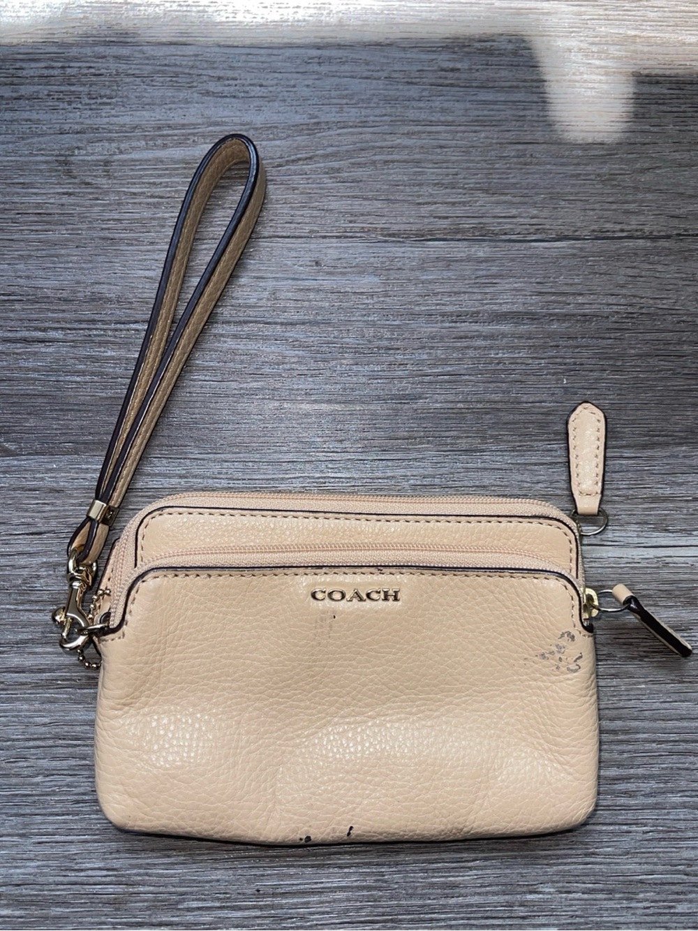 Coach Beige Leather Double Zip Wristlet Wallet